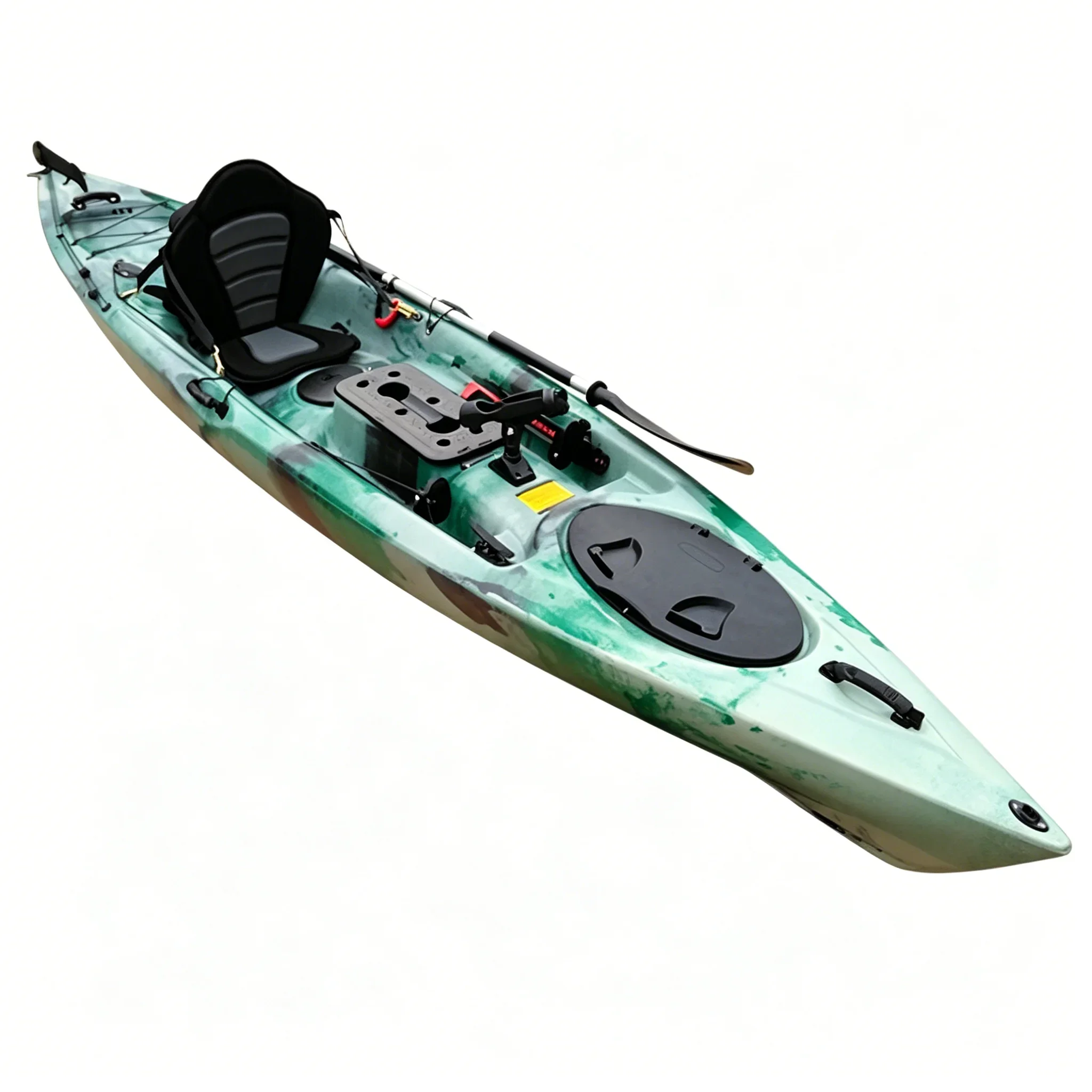 Fishing Kayak Rod Holder - 一人用ポリエチレン製ペダル駆動式釣り用カヤック。ロッドホルダーと収納ハッチを備え、海や湖での使用に適した耐久性のある水上遊具。
