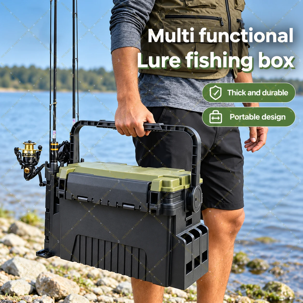 Fishing Kayak Crate - 大容量の釣り道具箱。座席としても使える、持ち運び可能な二重構造のルアーオーガナイザー。ロッドホルダー付きで、頑丈な作り。